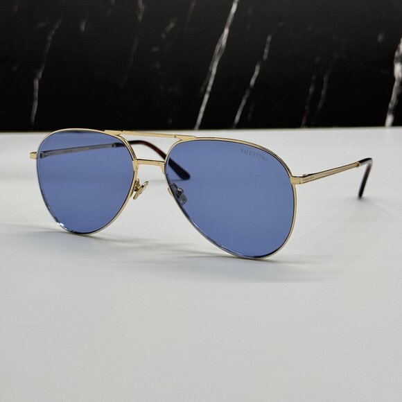 NEW VALENTINO VLS-172C GOLD BLUE AVIATOR SUNGLASSES VALENTINO
